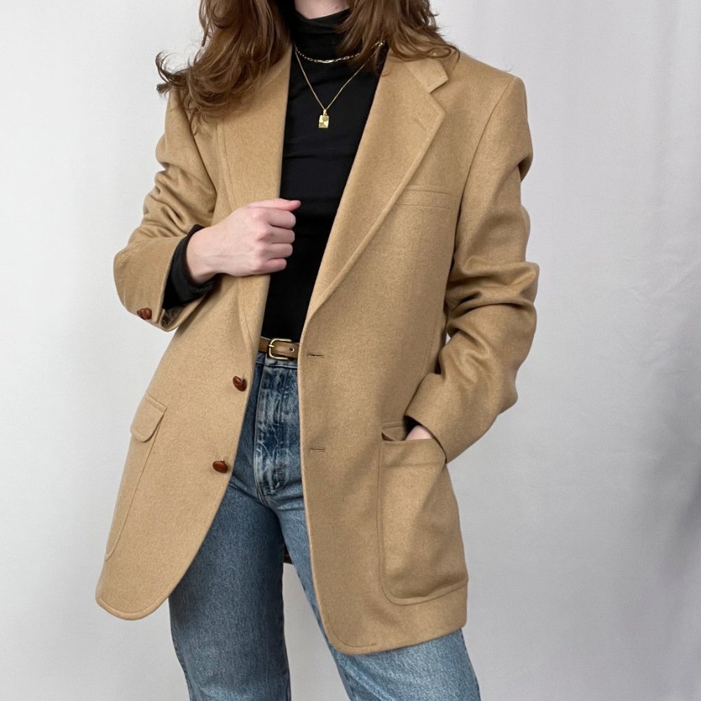 Vintage 100% Camel Hair Union Made Oversized Long Blazer Jacket Coat Preppy USA - Picture 3 of 11
